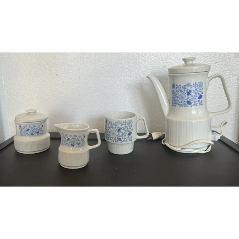Vintage MCM Electric Kettle Creamer Pitcher Sugar Dish Mug Cup Blue Floral Japan